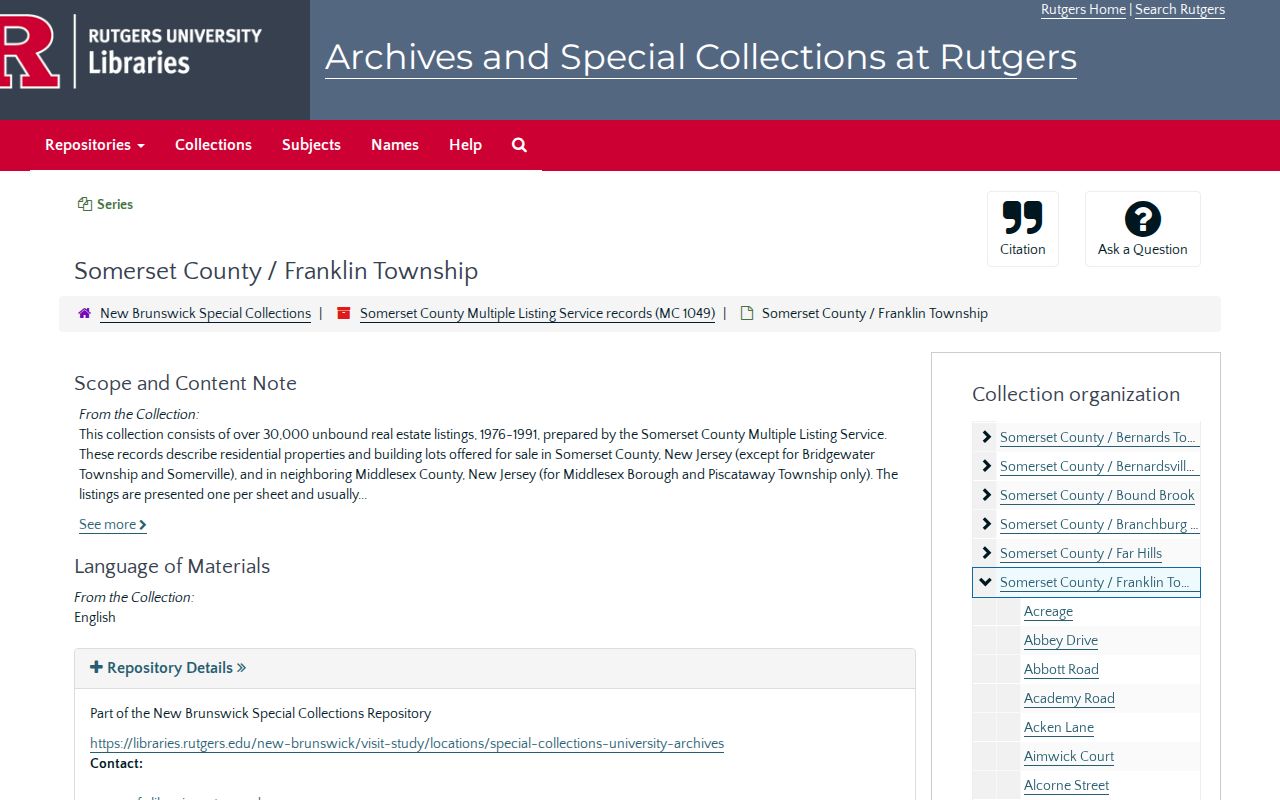 Franklin Township previous residents Rutgers Somerset County MLS collection archive